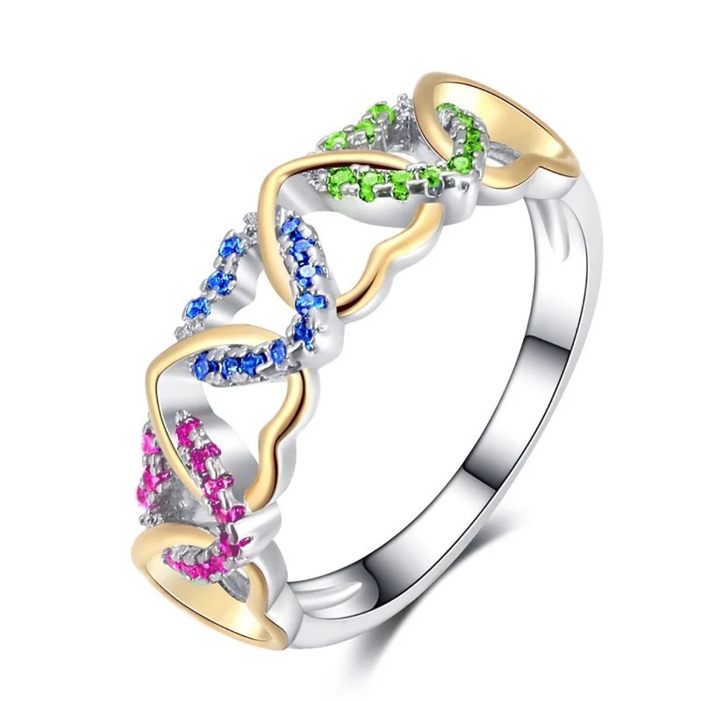 New Women’s 925 Silver Beautiful Connected  Hearts Diamond Ring